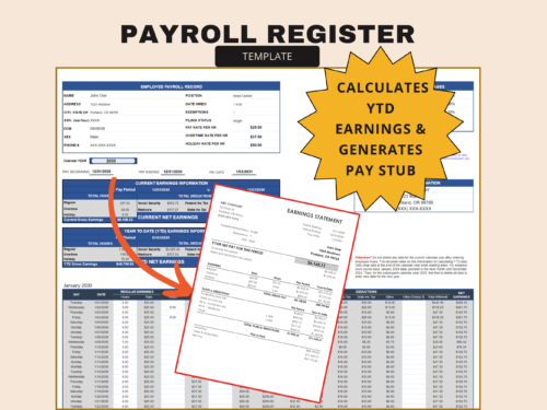 Trucking Spreadsheet (3) Payroll register that calculates year-to-date earnings and creates a pay stub: employee details, current and year-to-date earnings, daily earnings and deductions, and a sample earnings statement.