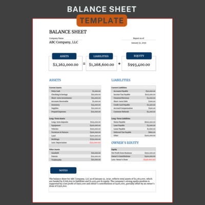 Trucking Spreadsheet Balance sheet for a sample company at one date: total assets, liabilities and equity, current, long-term and other assets, current and long-term liabilities, owner's equity, and a notes box.