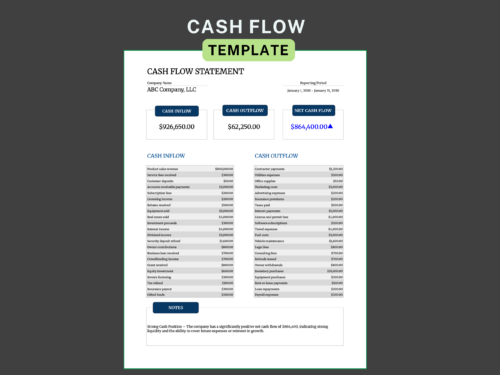 Cash flow statement for one reporting period: total cash inflow, cash outflow and net cash flow, a list of inflows and outflows by type, and a notes box.