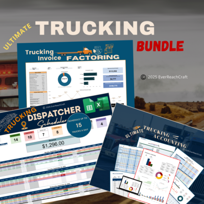 Ultimate Trucking Bundle: three templates shown together, the trucking invoice factoring dashboard, the trucking dispatcher scheduler for up to 15 trucks a day, and Ultimate Trucking Accounting.