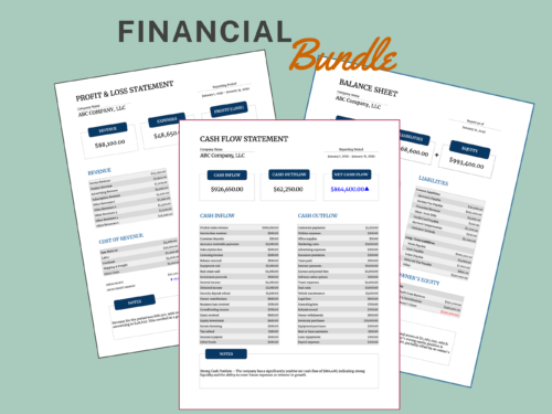 Financial bundle for one reporting period: a profit and loss statement, cash flow statement and balance sheet, each with summary totals and a notes box.