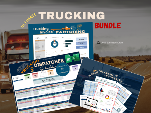 Ultimate Trucking Bundle: three templates shown together, the trucking invoice factoring dashboard, the trucking dispatcher scheduler for up to 15 trucks a day, and Ultimate Trucking Accounting.