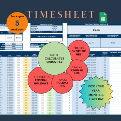 Google Sheets timesheet for up to 5 employees: hours by day for each week, regular, overtime and holiday hours, gross pay calculated automatically, and federal holidays highlighted.