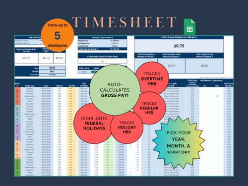 Trucking Spreadsheet (6) Google Sheets timesheet for up to 5 employees: hours by day for each week, regular, overtime and holiday hours, gross pay calculated automatically, and federal holidays highlighted.