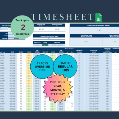Google Sheets timesheet for up to 2 employees: time in and out by day, breaks, total hours, and regular and overtime hours for each week of a chosen month.