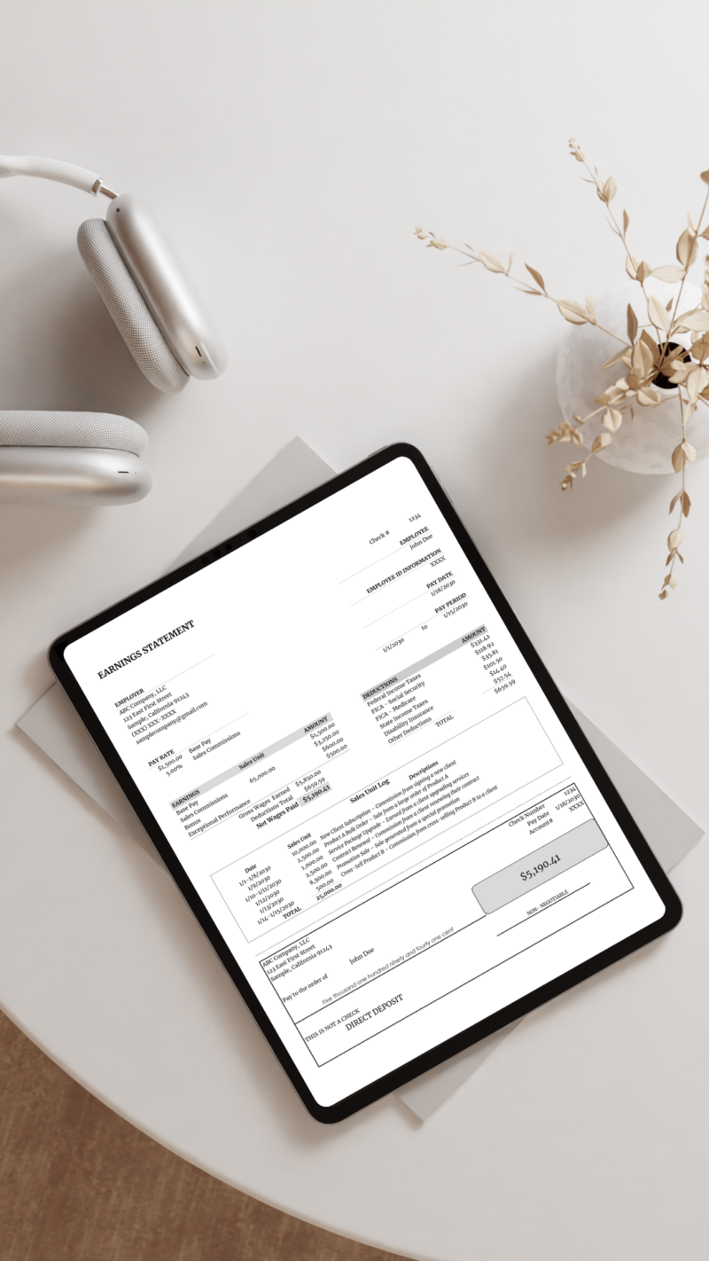 A tablet on a table showing the sales commission earnings statement.