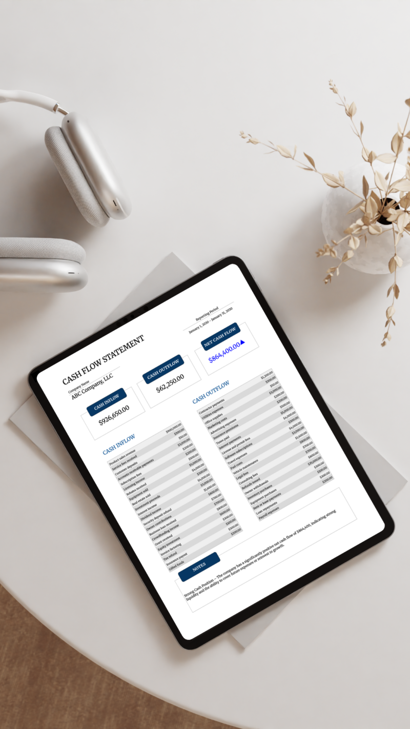 White Minimalist Clothes Tablet Mockup Instagram Story A tablet on a table showing the cash flow statement.