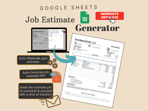 Google Sheets job estimate generator: create an estimate and its PDF automatically and email it to the customer and yourself with one button. A sample job estimate for a new house build is shown.