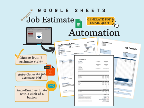 Google Sheets job estimate automation bundle: choose from 3 estimate styles, create a job estimate PDF automatically, and email it with one click. Three sample estimate styles are shown.