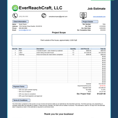 1 Style 1 job estimate sample: client information, project details and scope, line items, payment terms, terms and conditions and a signature line.