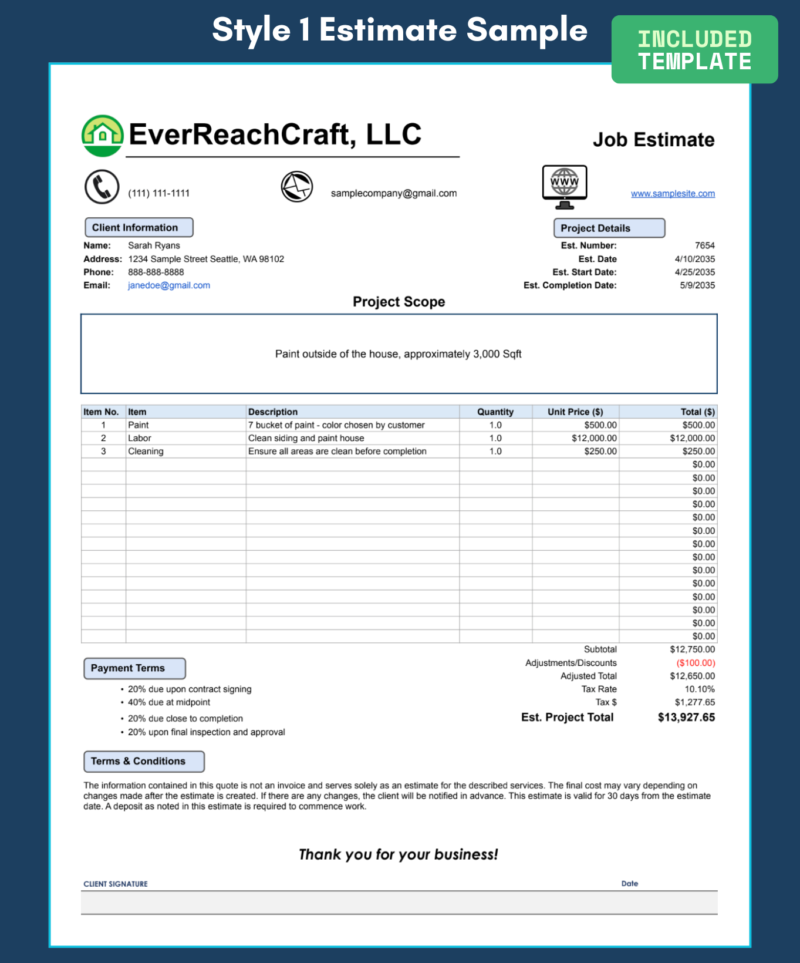 1 Style 1 job estimate sample: client information, project details and scope, line items, payment terms, terms and conditions and a signature line.