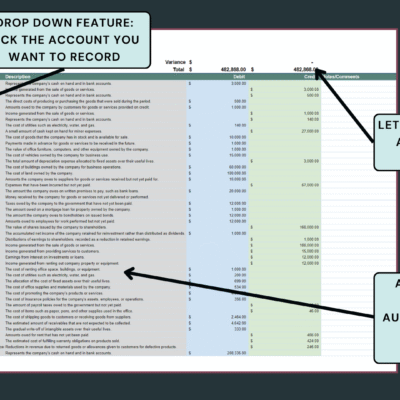 10 Trial balance worksheet: record daily transactions and choose the account from a drop-down list; the account name and description fill in, and a variance in the trial balance is flagged.