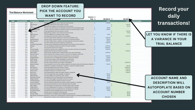 10 Trial balance worksheet: record daily transactions and choose the account from a drop-down list; the account name and description fill in, and a variance in the trial balance is flagged.