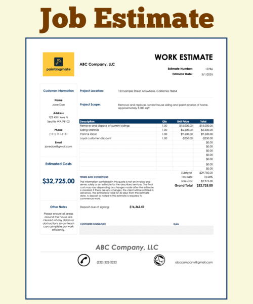 Work estimate for a sample siding and painting company: customer information, project location and scope, line items, terms and conditions, sales tax, grand total and deposit due at signing.