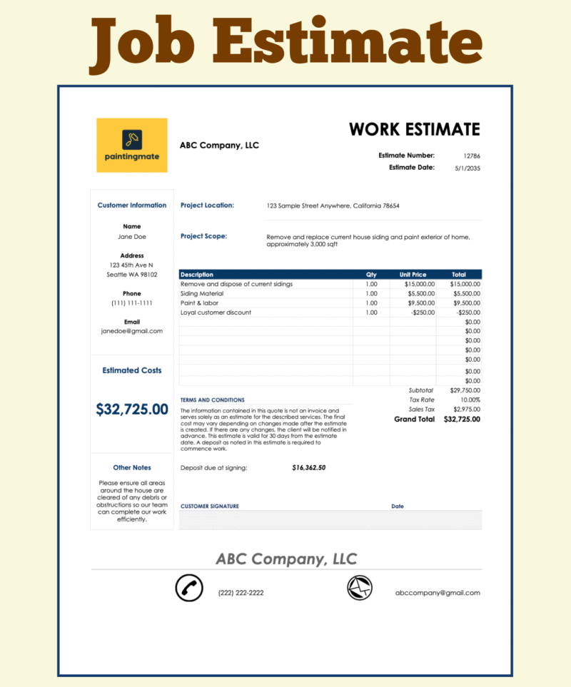 12 Work estimate for a sample siding and painting company: customer information, project location and scope, line items, terms and conditions, sales tax, grand total and deposit due at signing.