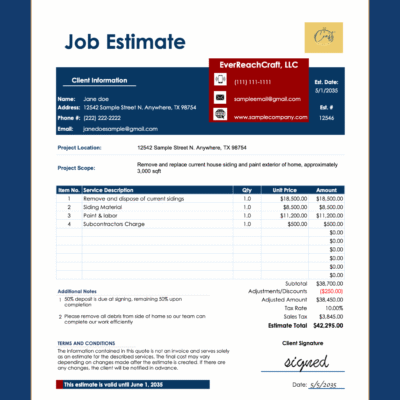 12 Job estimate for a siding and painting project: client information, project location and scope, service lines with quantity and price, adjustments, sales tax, estimate total, additional notes, terms and a signed client signature.