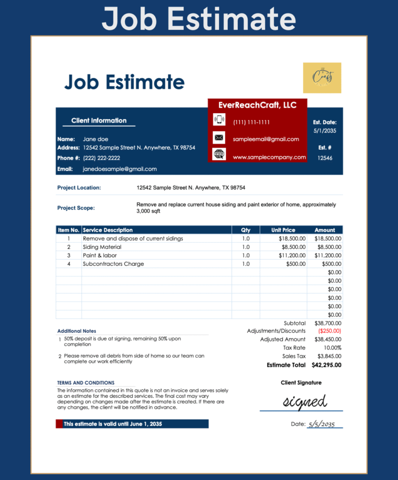 12 Job estimate for a siding and painting project: client information, project location and scope, service lines with quantity and price, adjustments, sales tax, estimate total, additional notes, terms and a signed client signature.