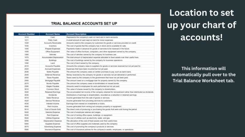 12 Trial balance accounts setup: set up your chart of accounts with account numbers, names and descriptions; it is used by the trial balance worksheet.