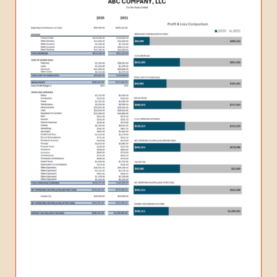 Two-year profit and loss comparison for a sample company, with bar charts comparing each total.