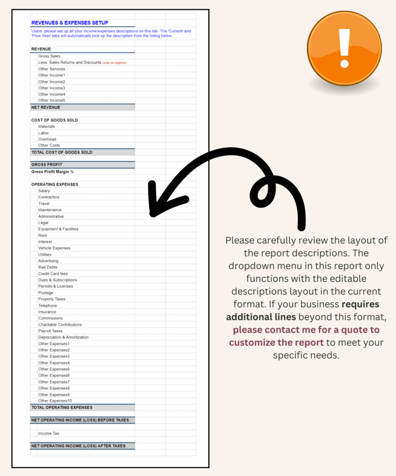 121 Revenue and expense description setup: the report descriptions can be edited within the current layout. Businesses that need more lines can ask for a quote to customize the report.