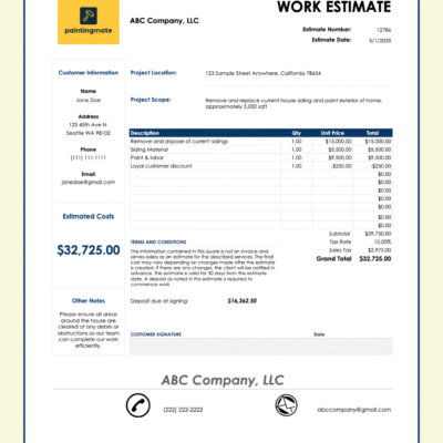 13 Work estimate for a sample painting company with a logo: customer information, project location and scope, line items, discount, sales tax, grand total, terms and conditions, deposit due at signing and a signature line.
