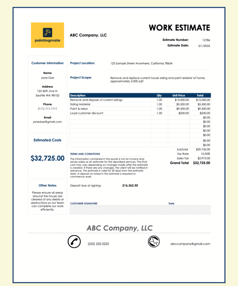 13 Work estimate for a sample painting company with a logo: customer information, project location and scope, line items, discount, sales tax, grand total, terms and conditions, deposit due at signing and a signature line.