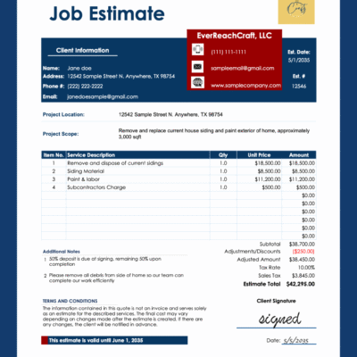 13 Job estimate for a siding and painting project from a sample company: client information, project location and scope, service lines with quantity and price, adjustments, sales tax, estimate total, notes, terms and conditions and a signature.
