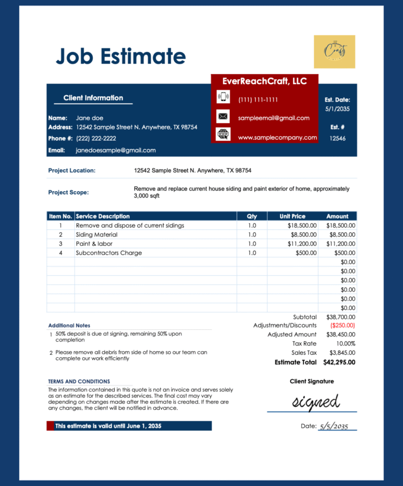 13 Job estimate for a siding and painting project from a sample company: client information, project location and scope, service lines with quantity and price, adjustments, sales tax, estimate total, notes, terms and conditions and a signature.