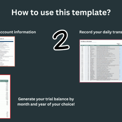13 How to use it: set up your account information, record daily transactions, then create your trial balance for any month and year.