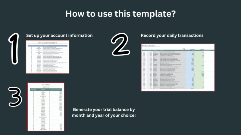 13 How to use it: set up your account information, record daily transactions, then create your trial balance for any month and year.