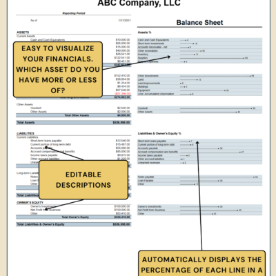Balance sheet with notes: each line's percentage is shown visually so it is clear which assets are larger or smaller, and descriptions can be edited.