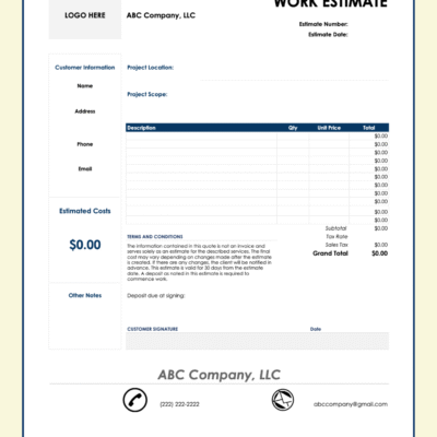 14 A blank work estimate template ready to fill in.