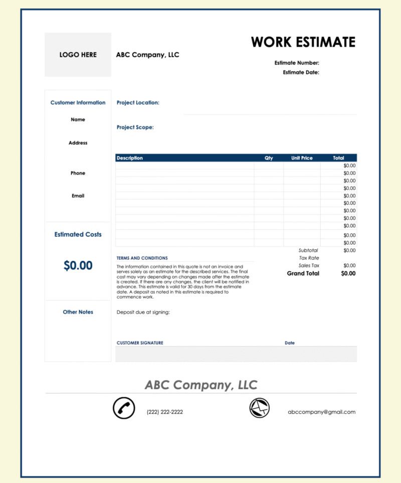 14 A blank work estimate template ready to fill in.