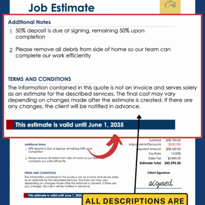 14 Close-up of the job estimate's notes, terms and conditions and expiry date; all descriptions can be edited.