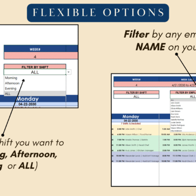 Scheduler filters: filter by shift (morning, afternoon, evening or all) and by any employee name on your list.