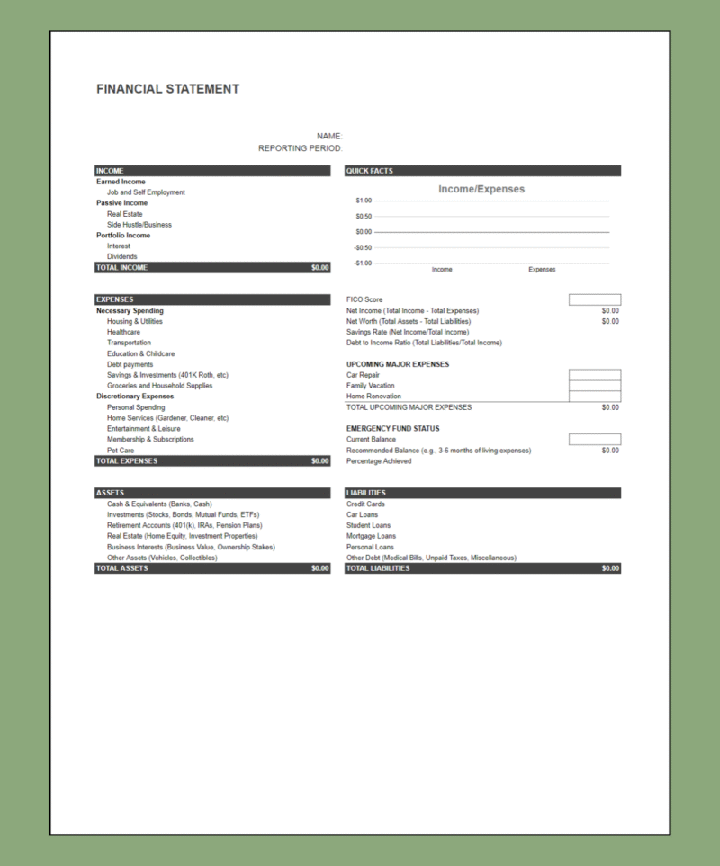 142 A blank personal financial statement template ready to fill in.