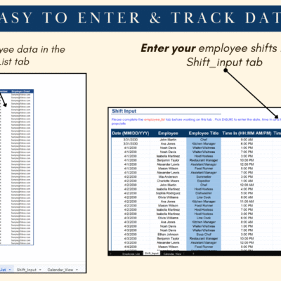 Enter employee data in the employee list tab and shifts in the shift input tab.