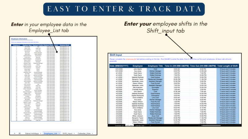Enter employee data in the employee list tab and shifts in the shift input tab.
