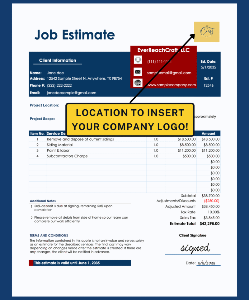 15 The job estimate's logo spot, where your company logo goes.
