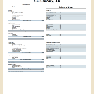 A blank balance sheet template with percentage charts, ready to fill in.