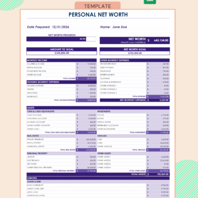 Personal net worth template in Google Sheets: net worth progress toward a goal, monthly income and expenses, assets by type, and loans and debts.