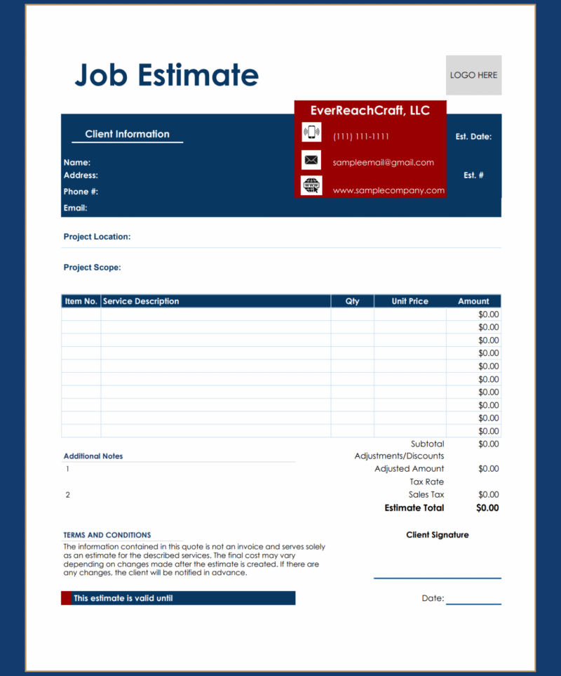 16 A blank job estimate template ready to fill in.