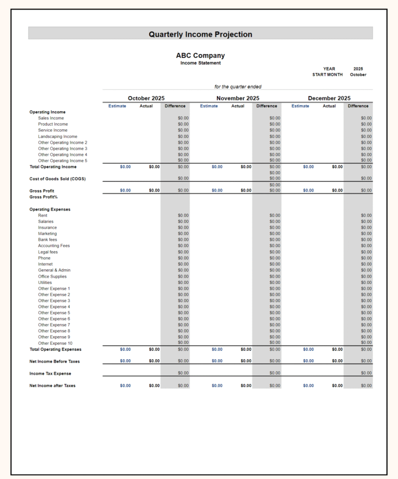 173 copy A blank quarterly income projection template ready to fill in.