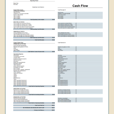 A blank cash flow statement template with percentage charts, ready to fill in.