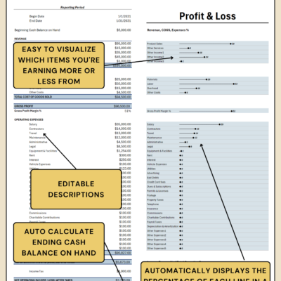 Profit and loss with notes: each line's percentage of revenue, cost of goods sold or expenses is shown visually, descriptions can be edited, and the ending cash balance is calculated.