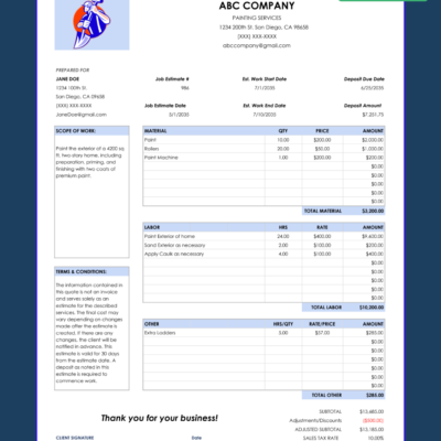 2 Style 2 job estimate sample for a painting company: prepared-for details, job dates, deposit, scope of work, material, labor and other costs, terms and conditions, totals and a signature line.