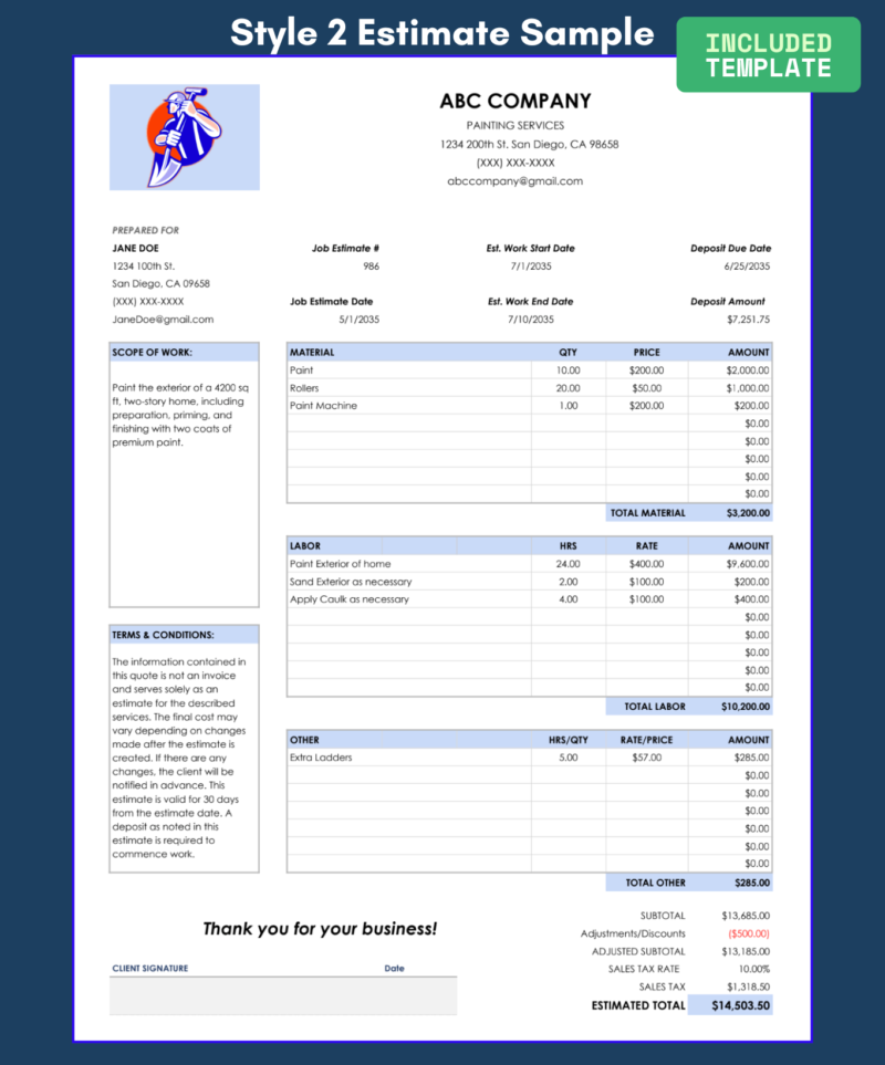 2 Style 2 job estimate sample for a painting company: prepared-for details, job dates, deposit, scope of work, material, labor and other costs, terms and conditions, totals and a signature line.