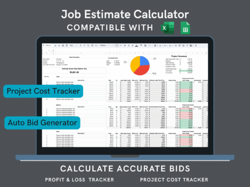 Job estimate calculator shown on a laptop: client information, labor, material and other costs with markup, a cost breakdown chart, project summary, a project cost tracker and an automatic bid. Excel and Google Sheets.