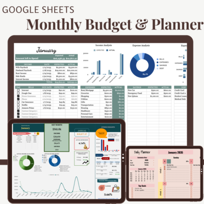 Google Sheets monthly budget and planner: a monthly budget with income, bills, expenses, savings and debt (expected versus actual), a dashboard with net worth and income and expense charts, and a daily planner.