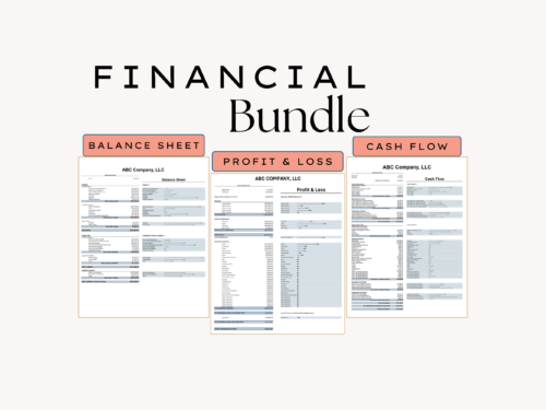 Financial bundle for one period: a balance sheet, profit and loss and cash flow for a sample company, each with a chart showing every line as a share of the total.
